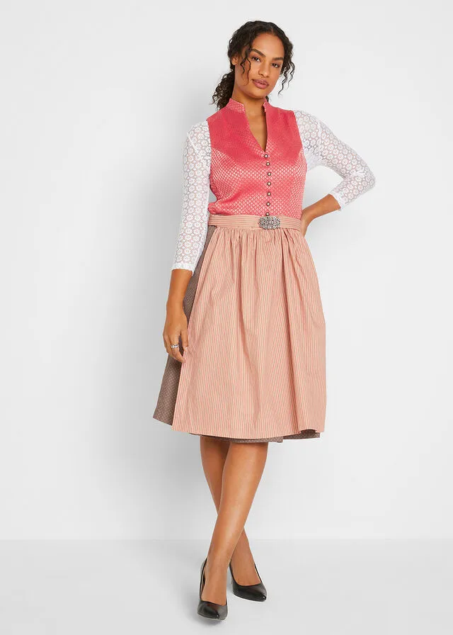 Traje tradicional hasta la rodilla con efecto cómodo (2 piezas) rojo coral/marrón medio/coral ahumado/café con leche